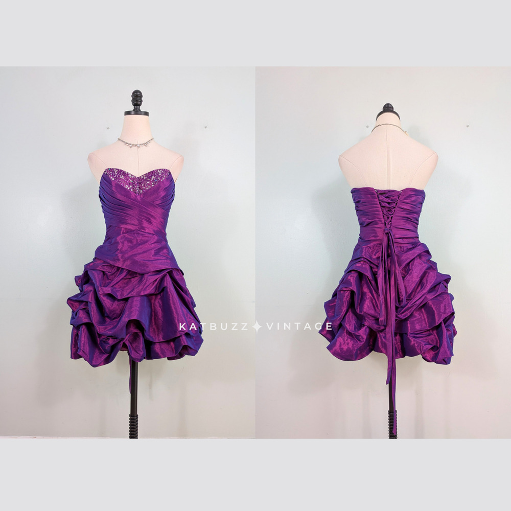 Vintage Prom Dress Mini Gown S Purple Y2K Corset Bead Bubble Glam Strapless Hoco